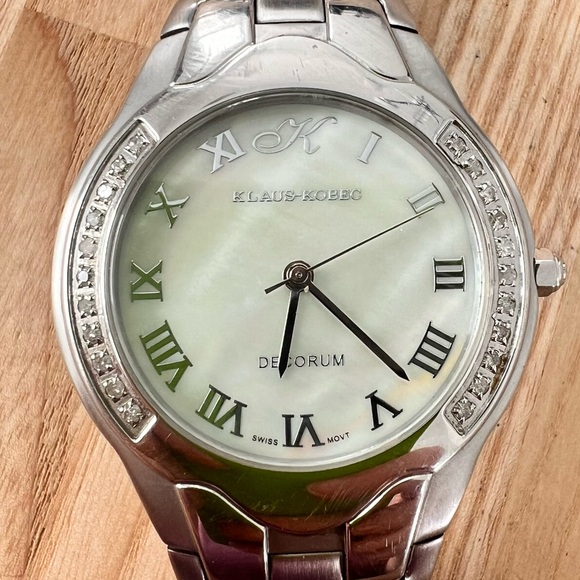 Klaus Kobec stainless steel mother of pearl diamond dress watch NEW BATTERY